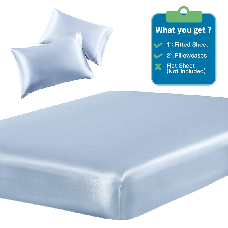 SiinvdaBZX 3-Piece Set Satin Twin Fitted Sheet & 2 Pillowcase  Baby Blue Silky Soft Fitted Bottom Sheet  Wrinkle Free  Fade Resistant  Deep Pocket Bed Sheet (Deep Up to 15"") - Image 3